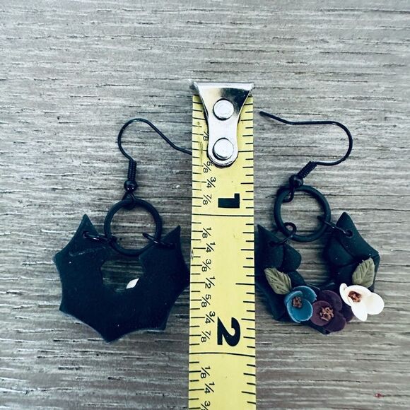 Gothic Floral Clay Handmade Fall Halloween Bat Spiderweb Earrings - Picture 2 of 2